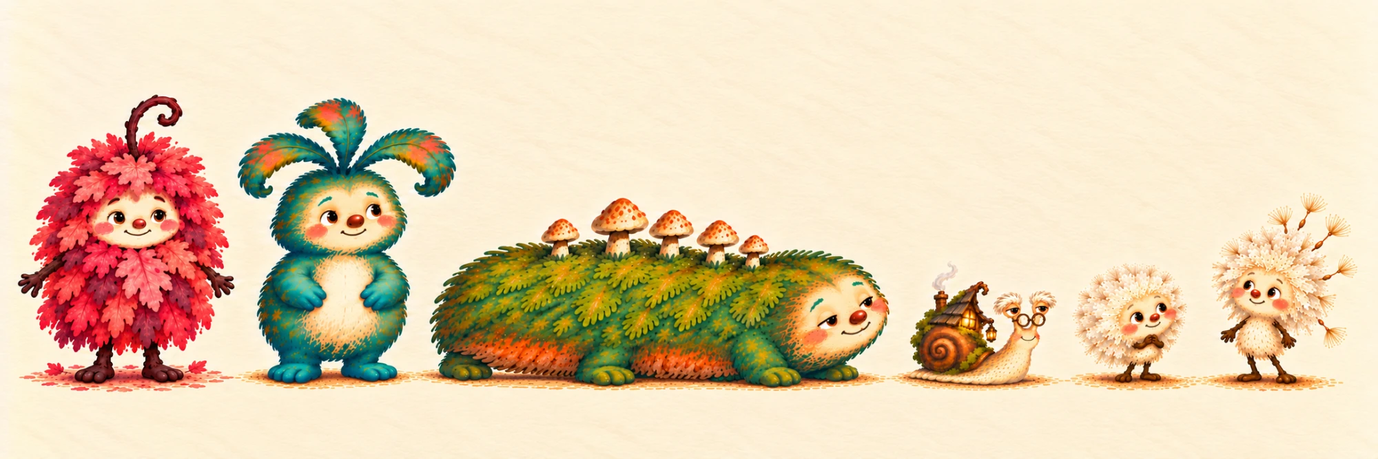 The Whimblewood friends in a row: Tibbet, a pile of coral-red maple leaves with a curly stem; Nimbin, teal and shaggy with three leafy fronds; Pumble, long, low and mossy with mushrooms on his back; Old Winkle, a snail with a cottage on his shell; and Wisp and Wumble, two dandelion puffs.